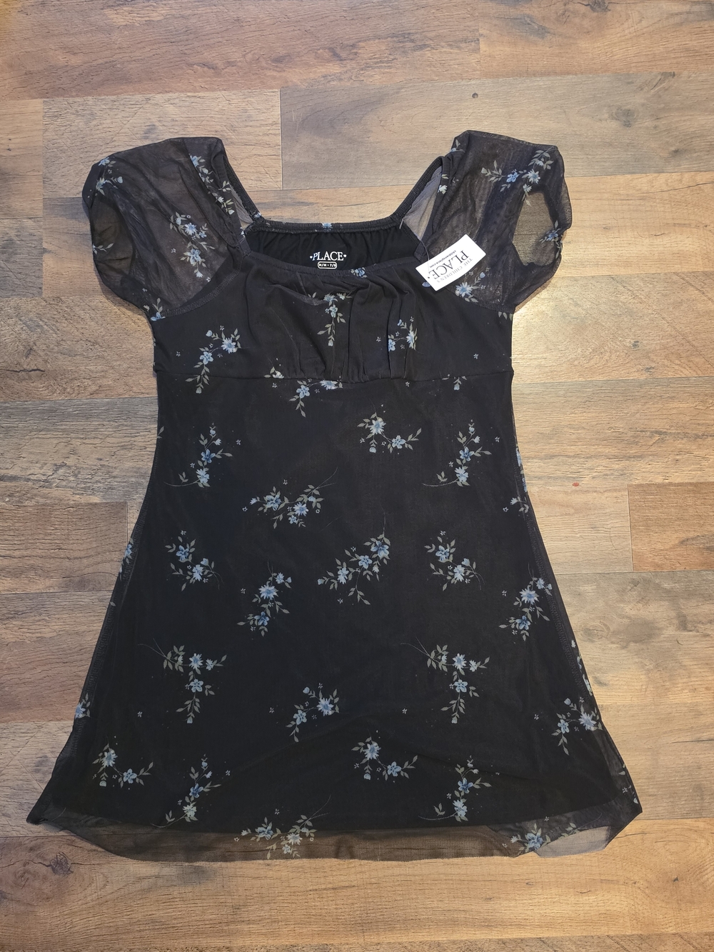 The Children's Place Black Mesh Dress with Blue Floral Print